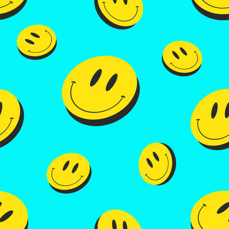 Yellow LSD smiles on cian background. Acid art smiles seamless pattern. Vector EPS10 graphics.のイラスト素材