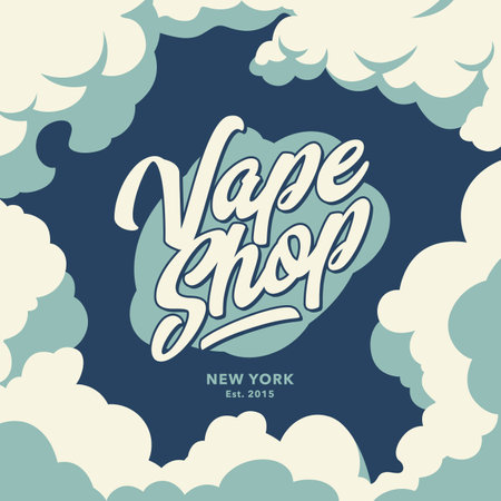 Vape shop design with steam clouds. Emblem with calligraphic typography. Vector graphics.のイラスト素材