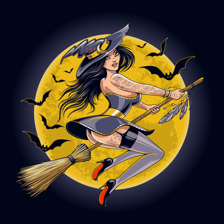 Sexy witch with tattoos flying away on broomstick. Pin up style young witch. Moon and bats on background. vector illustration.のイラスト素材