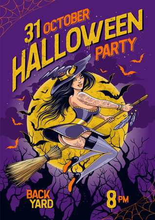 Halloween party poster design with sexy witch on broomstick. Young attractive witch with tattoos looks tempting. Moon, woods and bats on background. vector template.のイラスト素材