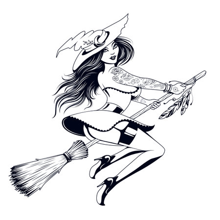 Sexy witch with tattoos flying away on broomstick. Pin up style young witch. Vector illustration isolated on white.のイラスト素材