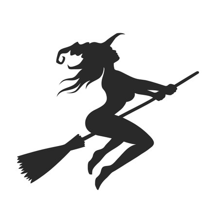 Sexy young witch with good shapes flying on broomstick. Black witch silhouette isolated on white. vector clipart.のイラスト素材