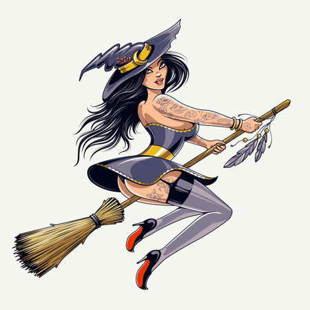 Sexy witch with tattoos flying away on broomstick. Pin up style young witch. Vector illustration isolated on white.のイラスト素材