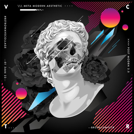 Retrowave abstract design with ancient statue. Sculpture with masked skull on front. And black flowers with dynamic elements on background. Vector art.のイラスト素材