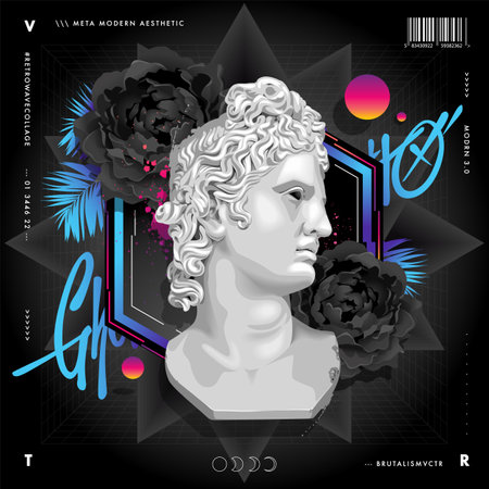 Retrowave abstract design with ancient statue and abstract futuristic elements: black flowers, geometric shapes and palm leaves. Modern poster design template. Vector graphic.のイラスト素材
