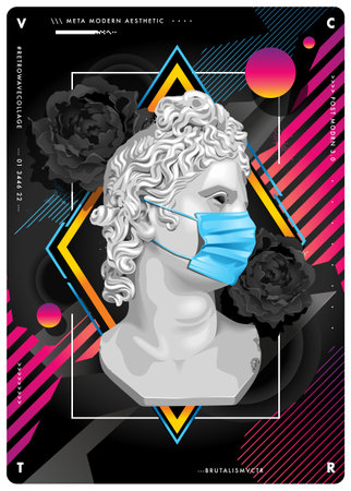 Retrowave abstract design with ancient statue in medical mask. Black flowers and bright dynamic elements on background. Vector art.のイラスト素材