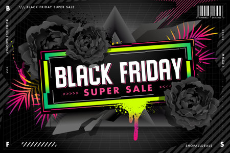 Black friday sale banner retrowave design. Retro futuristic style poster with abstract elements: wireframe, black flowers, palm leaves and geometrics. Vector graphic.のイラスト素材