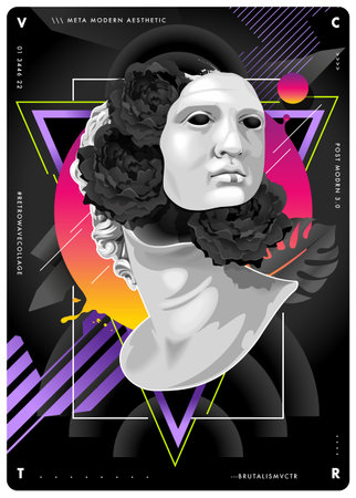 Retrowave abstract design with ancient statue and abstract futuristic elemnts: black flowers, geometric shapes, dynamic lines. Modern poster design template. Vector graphic.のイラスト素材