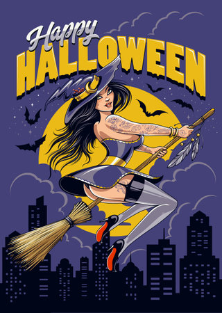 Halloween poster design with sexy tattooed young witch flying on broomstick over the city. Vector EPS10 graphic.のイラスト素材