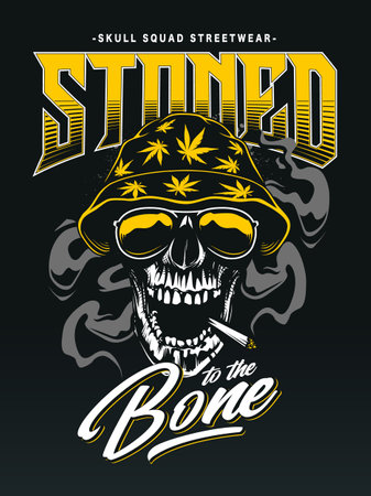 Streetwear print design with stoner skull. Marijuana smoke behind. Street art, graffiti, grunge style. Print for hoodie or t-shirt.のイラスト素材