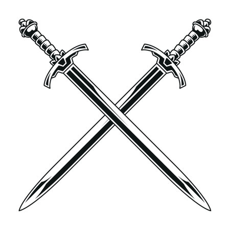 Medieval crossed swords vector. Black and white swords isolated on white.のイラスト素材