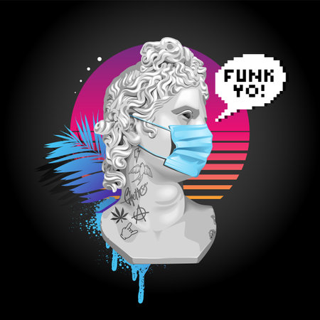 Retro futuristic vector with 3D Apollo ancient bust in mask. Modern abstract techno design. Streetwear t-shirt print design.のイラスト素材