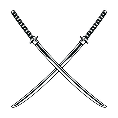 Crossed katana swords vector. Black and white Japanese swords isolated on white.のイラスト素材