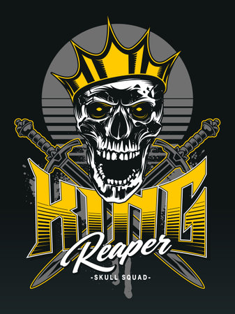 Streetwear print design with laughing skull in crown. Two crossed swords behind. Street art, graffiti, grunge style. Print for hoodie or t-shirt.のイラスト素材