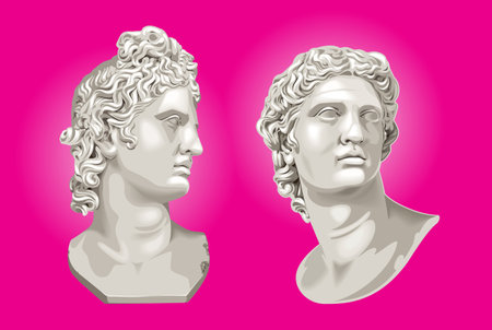 Two Apollo busts on pink acid background. Antique statue heads isolated. Retro wave elements. Vector EPS10 graphics.のイラスト素材