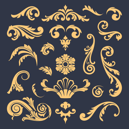 Medieval flourish ornaments. Victorian graphic elements. Gold patterns on dark backgrond. Vintage vector elements.のイラスト素材