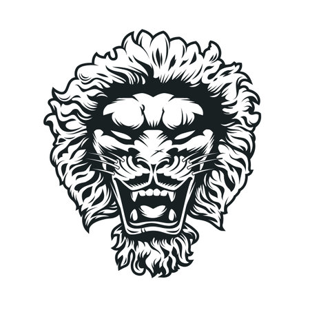 Heraldic lion head black and white vector art isolated on white background. Clean and crisp graphic of roaring lion face with sharp lines and intricate details. Classic vintage style design element representing strength, courage, and nobility.のイラスト素材