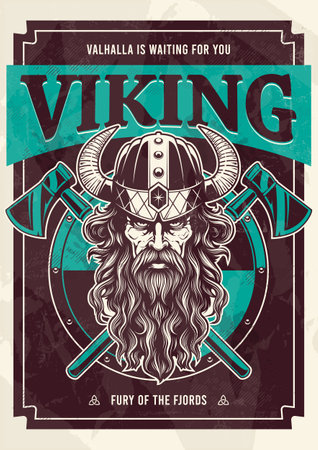 Vector art of viking warrior with long hair and beard weared in a horned helmet. Crossed axes and circle shield behind. Typographic print design.のイラスト素材