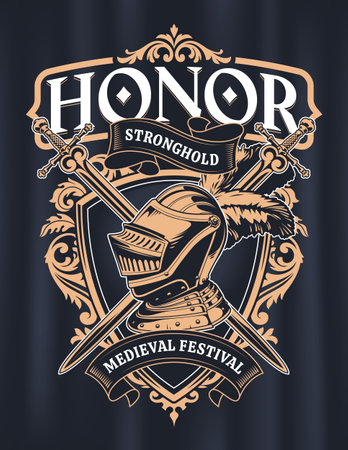 Premium emblem design inspired by the medieval era and knights. Knight helmet, crossed swords, floral ornaments and other heraldic symbols. Black and gold colors. The emblem represents the honor, valor, and timeless legacy of medieval knights. Vector graphic.のイラスト素材