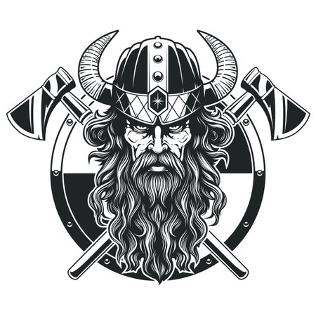 Viking warrior with long hair and beard weared in a horned helmet. Crossed axes and circle shield behind. Black and white vector art isolated.のイラスト素材
