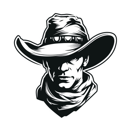 Cowboy in hat and scarf. Looking hard and dangerous. Black and white detailed vector art isolated on white. High contrast, deep shades. Clean and sharp lines.のイラスト素材