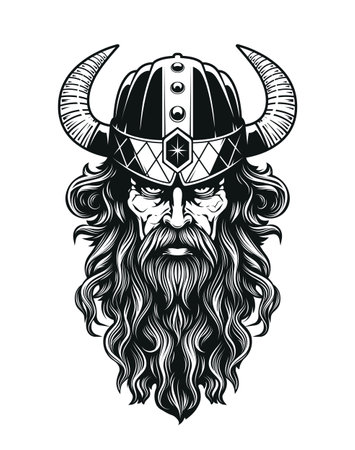 Medieval viking warrior with long hair and beard. Weared in horned helmet. Looking straight and hard. Muscular and brutal symbol of power. Black and white detailed vector art isolated on white.のイラスト素材
