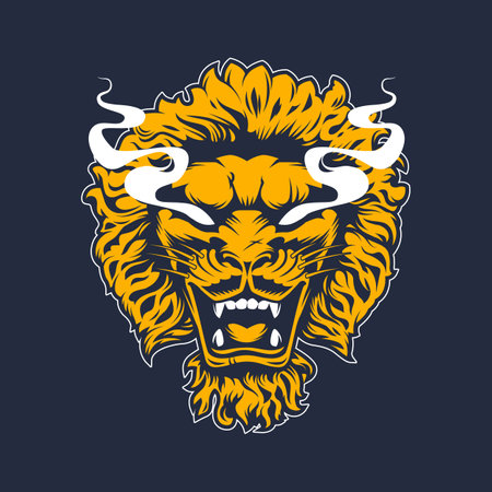 Vector art of roaring lion. Mouth wide open and the eyes are smoking. Strong and intricate details. Gold and deep blue colors are showcasing its regality and majesty, strength and power. Print design.のイラスト素材