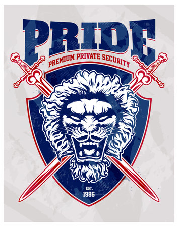 Vintage emblem with lion head, crossed swords and shield. Vector coat of arms with blue and red colors.のイラスト素材