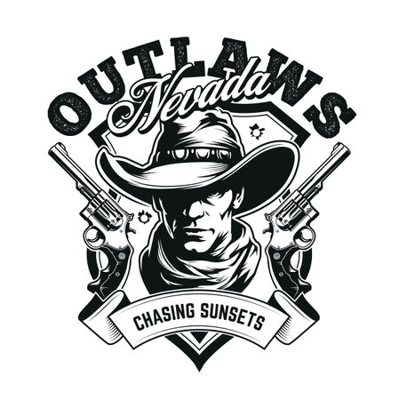 Classic western style emblem with cowboy, two revolvers and lettering. T shirt print design template. Black and white colours. Clean lines. Engraving style vector graphic.のイラスト素材