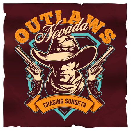 Classic western style emblem with cowboy, two revolvers and lettering. T shirt print design template. Retro colours. Clean lines. Deep shades. Vector graphic.のイラスト素材