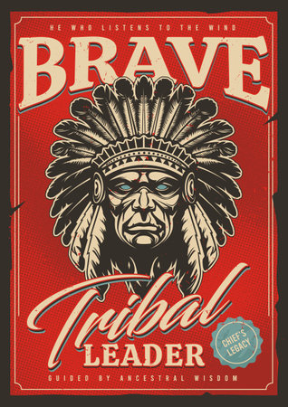 Retro style poster design with old Apache chief face. Typographic design with native American indian. He looking straight and hard. Grunge retro print. Vector graphic.のイラスト素材
