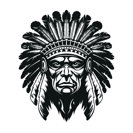 Native American indian chief head. Looks straight, solid and majestic. Apache chief face. Monochrome vector art isolated on white. High contrast, deep shades. Clean and sharp lines.のイラスト素材