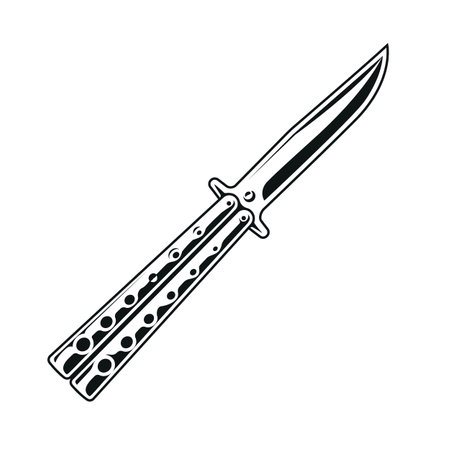 Vector balisong knife design element. Simple monochrome butterfly knife isolated on white.のイラスト素材
