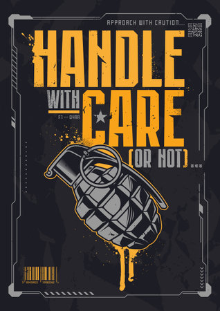 Typographic print design with hand grenade. HUD frame. Grunge background. Streetwear, graffiti inspired military design. Vector graphic.のイラスト素材
