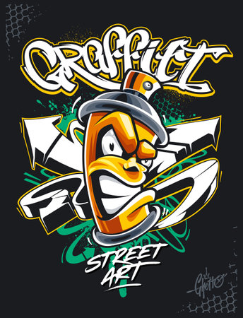 Mad spray can illustration with wild style graffiti elements behind: arrows, paint splashes, chain link fence. Graffiti lettering. Street art design. Vector graphic.のイラスト素材