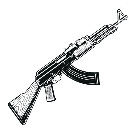Fictive rifle. Detailed black and white vector illustration of AK 47 with clean and sharp lines. Military design element isolated on white.のイラスト素材