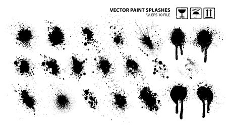 Set of paint splashes isolated on white. Collection of useful grunge splatters, stains, drops, smudges and blots. Ink, paint, spray dirty design elements. Vector graphic.のイラスト素材