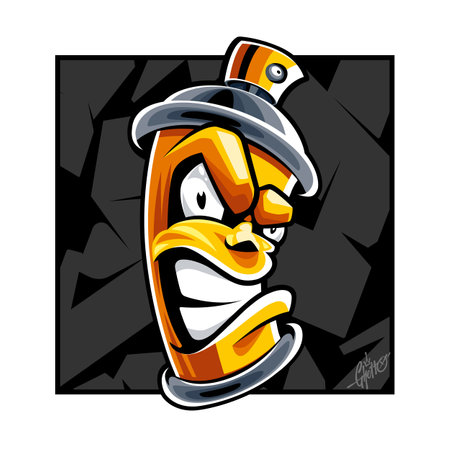 Wild style paint can graffiti character. Crazy spray can mascot on abstract shapes black background. Vector graphic.のイラスト素材