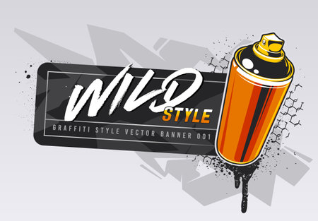 Graffiti vector banner design with spray can. Horizontal banner template with copy space. Wild style abstraction on background.のイラスト素材