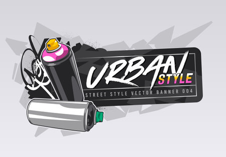 Graffiti vector banner design with spray cans. Horizontal banner template with copy space. Wild style abstraction on background.のイラスト素材