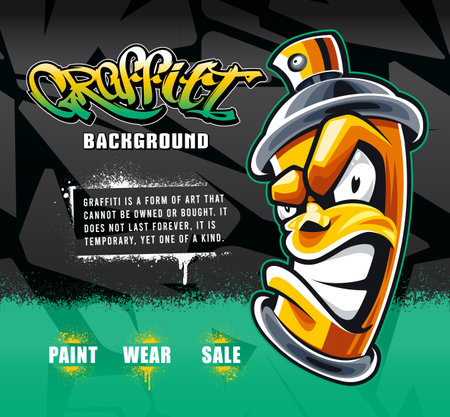 Crazy spray can character on wild style graffiti background. Graffiti lettering. Copy space. Vector graphic.のイラスト素材