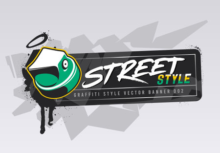 Graffiti vector banner design with spray paint cap. Horizontal banner template with copy space. Wild style abstraction on background.のイラスト素材