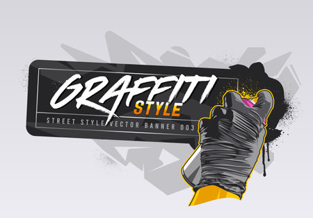 Graffiti vector banner design with hand painting with spray can. Horizontal banner template with copy space. Wild style abstraction on background.のイラスト素材