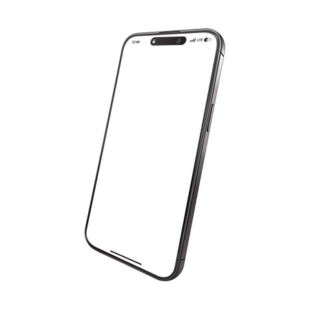 15 generation smartphone mockup with empty white screen. Angled view. Mobile phone device isolated on white. Realistic vector illustration.のイラスト素材