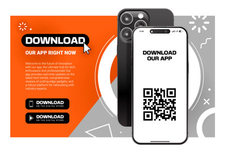 Realistic smartphone with empty screen. Bright gradient background with abstract memphis style elements. Download app banner template. Vector graphic.のイラスト素材