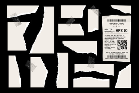 White torn paper scraps and transparent duct tape pieces on black. Perfect for brutalist, punk, grunge, and utilitarian layouts. Great for headlines, posters, and raw compositions. Vector EPS10 graphics.のイラスト素材