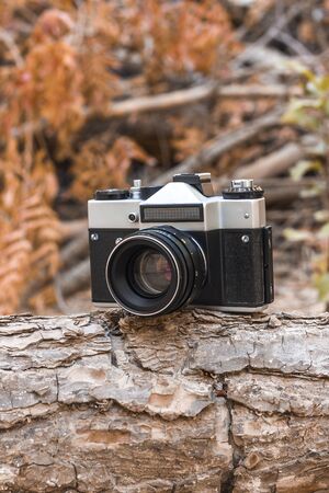 Jordan, Amman, 08/10/2017. Old film camera (SLR) Zenith with lens Helios-44M on a branch in the forestのeditorial素材