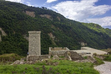 Ruins of medieval fortress. Outskirts of Khoy village which located on the bank of Ahkhete river. Chechnya (Chechen Republic), Russia, Caucasus. chechen battle towerの写真素材