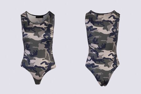 Women's Closeup of camo one piece swimsuit Isolated on white background front and back rear view on invisible mannequinの写真素材