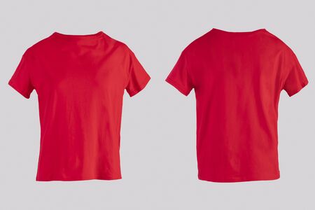 Blank red female t-shirt Isolated on white background front and back rear view on invisible mannequinの写真素材